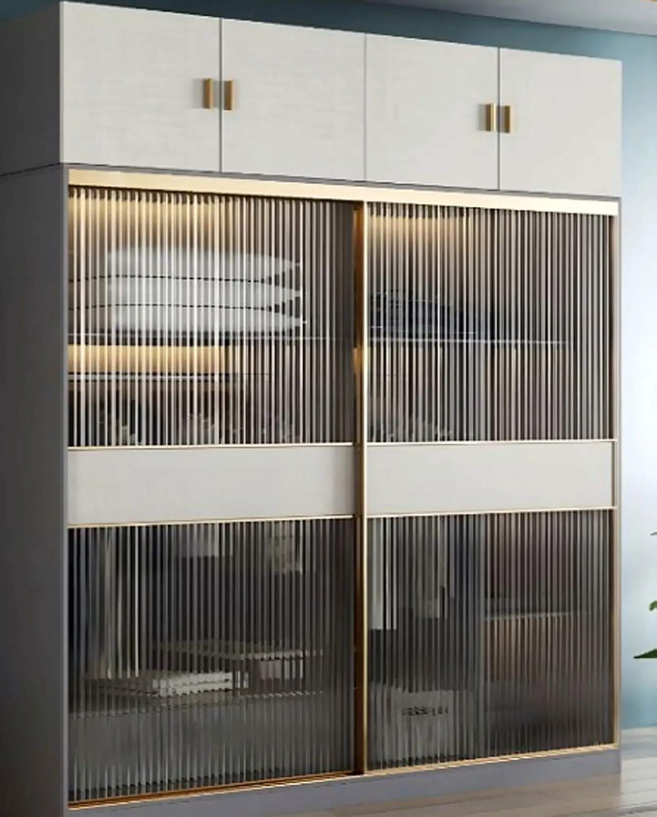 Sliding wardrobe with fluted glass shutters